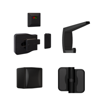 Moda Gravity Series Kit Designer Black - Contains: 3x Moda RH Gravity Hinges, 1x Moda Lock & Indicator Set, 1x Moda Hook, 1x Moda Bumper & Universal Screw Fixings  in Designer Black