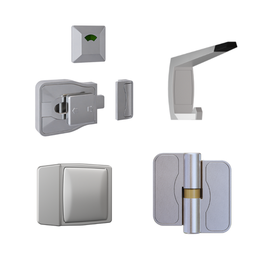 Moda Gravity Series Kit SCP - Contains: 3x Moda RH Gravity Hinges, 1x Moda Lock & Indicator Set, 1x Moda Hook, 1x Moda Bumper & Universal Screw Fixings  in Satin Chrome