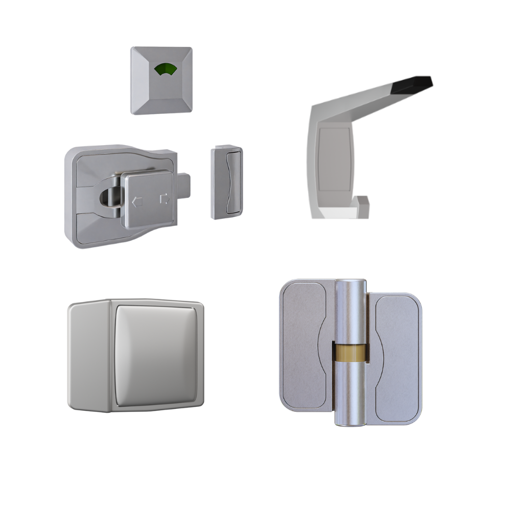 Moda Gravity Series Kit SCP - Contains: 3x Moda RH Gravity Hinges, 1x Moda Lock & Indicator Set, 1x Moda Hook, 1x Moda Bumper & Universal Screw Fixings  in Satin Chrome