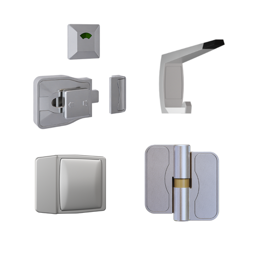 Moda Gravity Series Kit SCP - Contains: 3x Moda RH Gravity Hinges, 1x Moda Lock & Indicator Set, 1x Moda Hook, 1x Moda Bumper & Universal Screw Fixings  in Satin Chrome