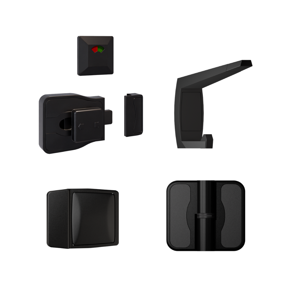 Moda Spring Series Kit Designer Black - Contains: 3x Moda RH Spring Hinges, 1x Moda Lock & Indicator Set, 1x Moda Hook, 1x Moda Bumper & Universal Screw Fixings  in Designer Black