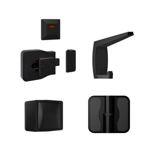 Moda Spring Series Kit Designer Black - Contains: 3x Moda RH Spring Hinges, 1x Moda Lock & Indicator Set, 1x Moda Hook, 1x Moda Bumper & Universal Screw Fixings  in Designer Black