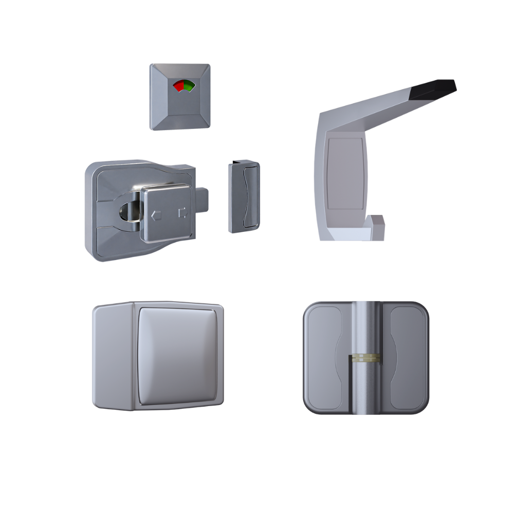 Moda Spring Series Kit SCP - Contains: 3x Moda RH Spring Hinges, 1x Moda Lock & Indicator Set, 1x Moda Hook, 1x Moda Bumper & Universal Screw Fixings  in Satin Chrome