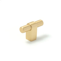 Momo MAIDA cabinet T-pull handle in brushed brass finish, featuring a sleek, modern design for furniture drawers and cabinets.