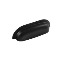 Momo New Hampton wide cup pull handle in black finish, showcasing its sleek, curved design for furniture hardware.