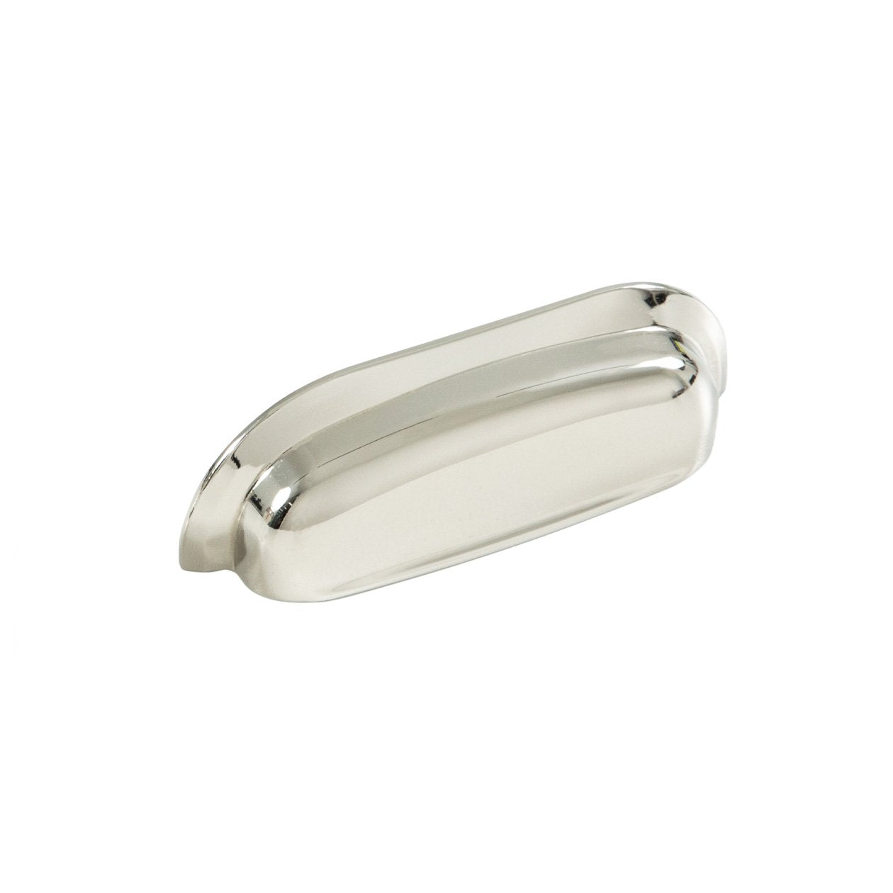Momo New Hampton wide cup pull handle in brushed nickel finish, showing its sleek, curved design and mounting hardware.