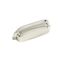 Momo New Hampton wide cup pull handle in brushed nickel finish, showing its sleek, curved design and mounting hardware.