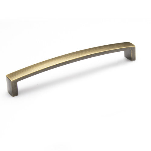Momo New Hampton cabinet pull handle in dark bronze finish mounted on a wooden cabinet door.