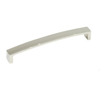 Momo New Hampton cabinet pull handle in brushed nickel finish, shown mounted on a cabinet door for a modern look