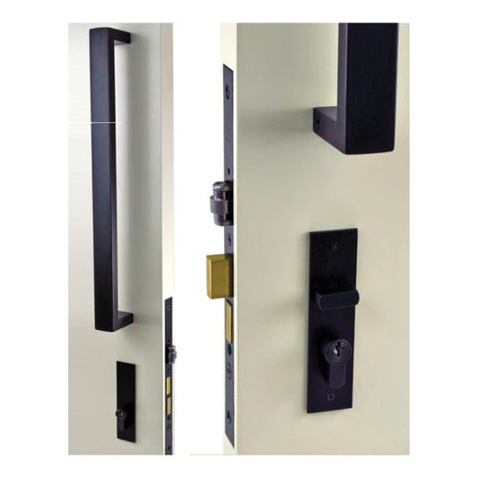 OZI-3-Combos - Right Hand BL inside plate 120x30x3mm outside plate 120x30x3mm Pull handle set 400mm Std striker kit Order extended striker for pivot doors   in Matt Black