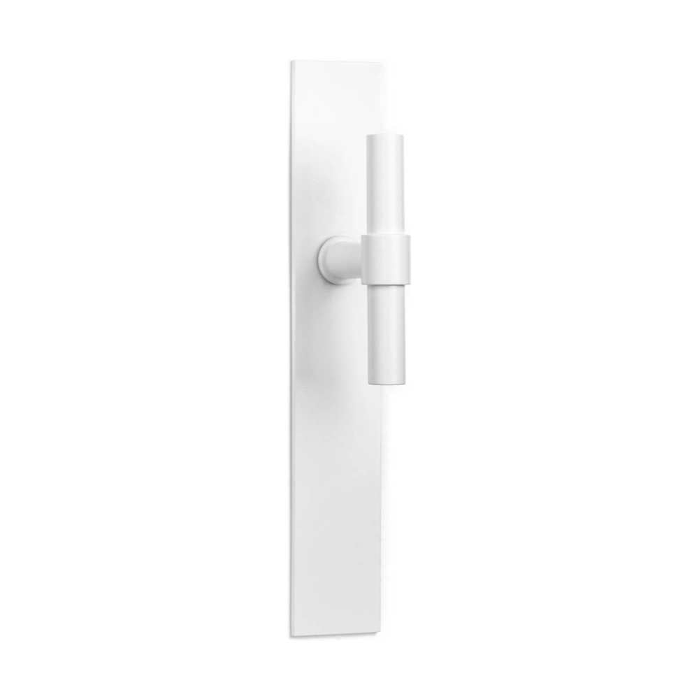 Pair of Formani ONE T-Lever 15Ø door handles with rectangular backplates, showcasing sleek modern design in a matte finish.