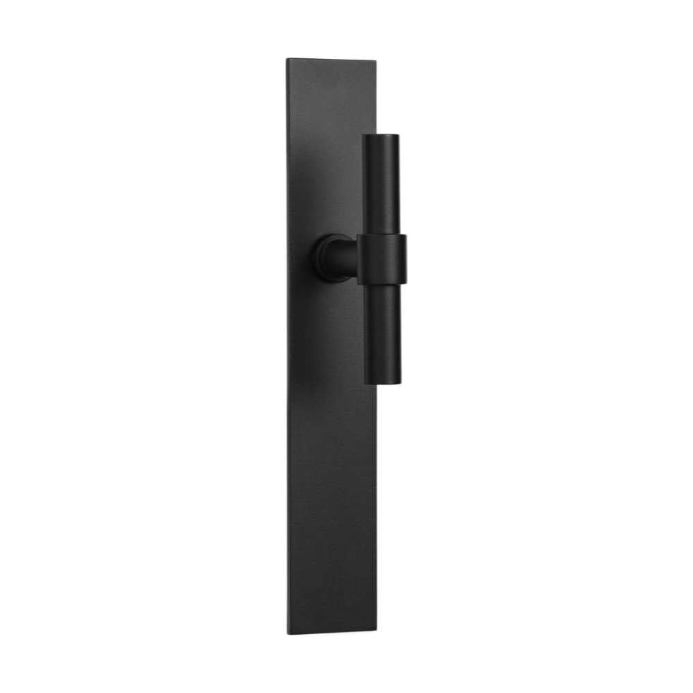 Pair of Formani ONE T-Lever 15Ø door handles on rectangular backplates, showcasing sleek, modern hardware design.