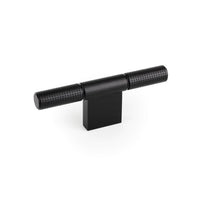 Momo POINT Cabinet T-Pull handle in black, with sleek modern design, mounted on a wooden cabinet surface.
