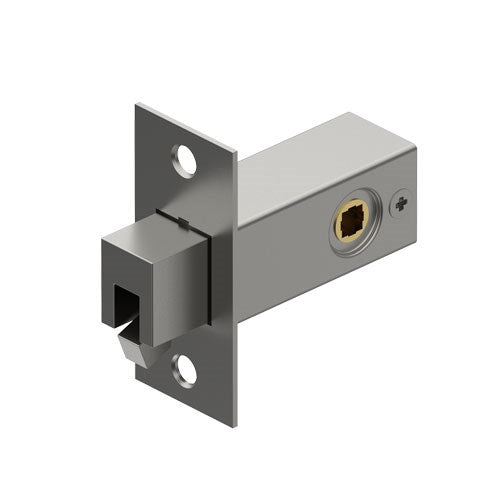 Tubular sliding door latch with locating pin, 36mm backset, by Style Finish Doorware, shown in polished stainless steel finish