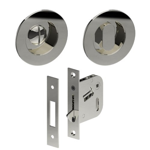 Complete Ø65mm Flush Pull, Privacy Set inc. Thumb Turn and Emergency Release (Concealed Glue Fix), Universal Spindle and Sliding Door Hook Bolt (min door thickness 32mm) in Polished Stainless Steel