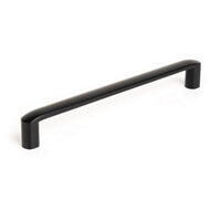 Momo ROMA cabinet pull handle in matte black finish, sleek modern design, mounted on a cabinet door with visible screws.