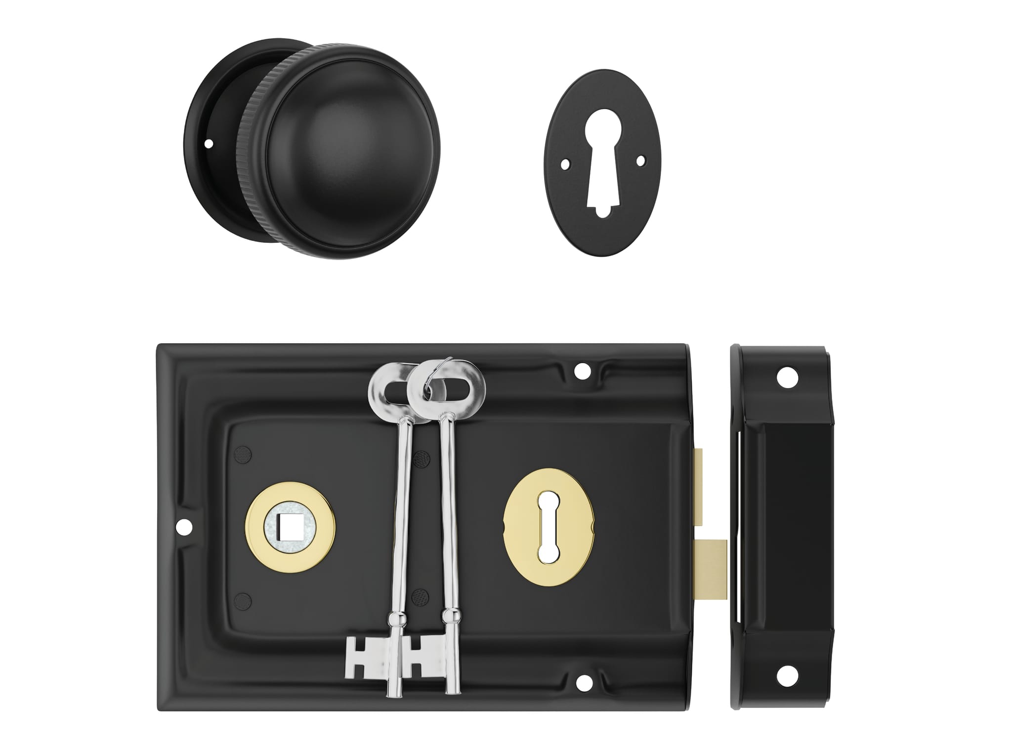 Door Knob Milled Edge Matt Black 45mm & Rim Lock MB/PB Set in Matt Black / Polished Brass