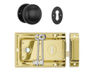 Door Knob Milled Edge Matt Black 45mm & Rim Lock PB Set in Polished Brass