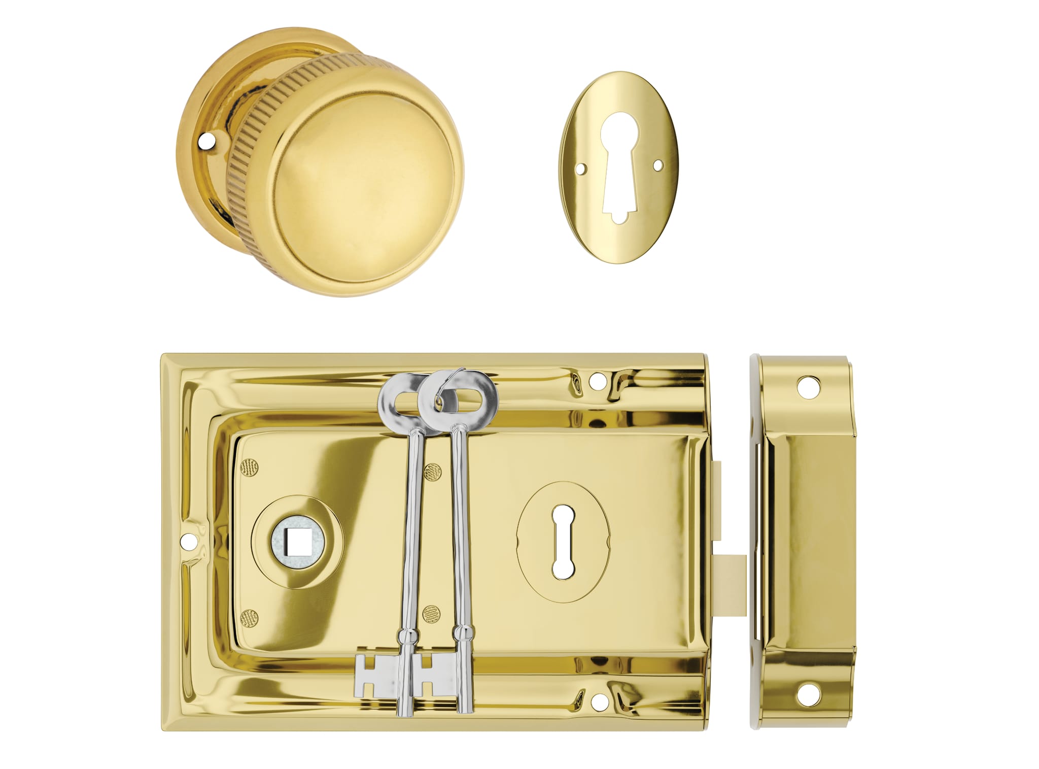 Door Knob Milled Edge Polished Brass 45mm & Rim Lock PB Set in Polished Brass