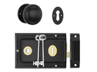 Door Knob Milled Edge Antique Copper 45mm & Rim Lock MB/PB Set in Antique Copper / Matt Black