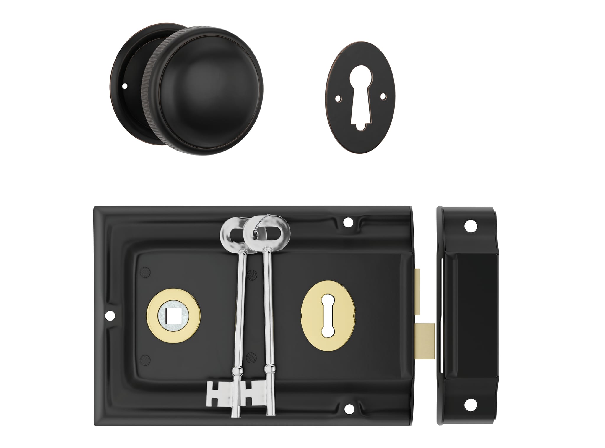 Door Knob Milled Edge Antique Copper 45mm & Rim Lock MB/PB Set in Antique Copper / Matt Black