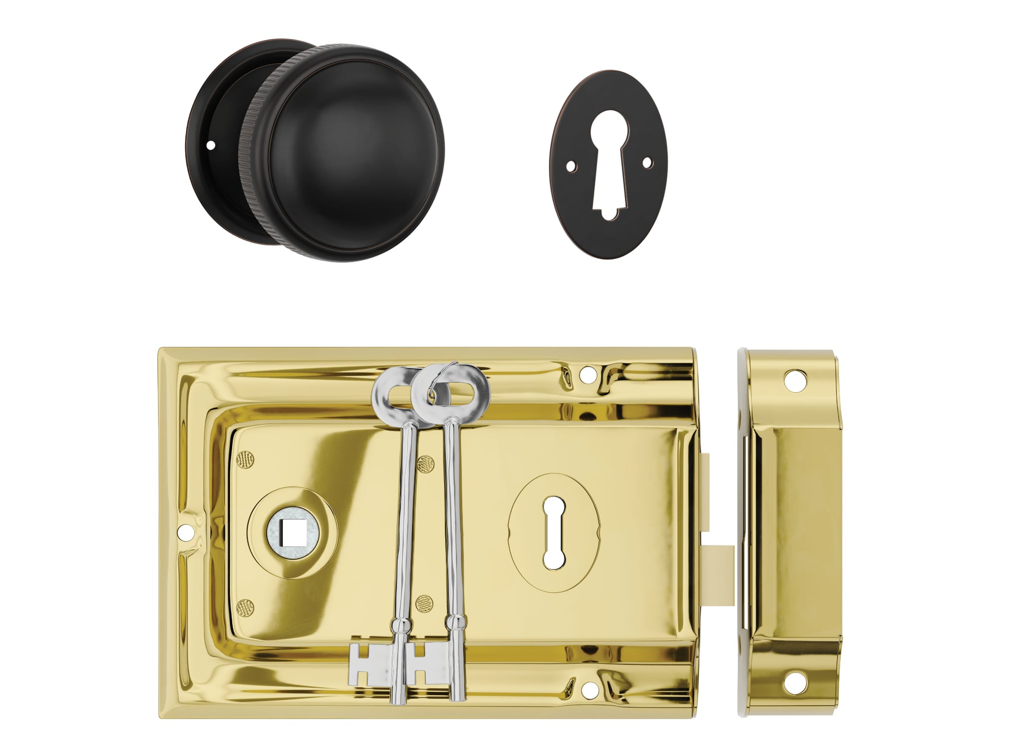 Door Knob Milled Edge Antique Copper 45mm & Rim Lock PB Set in Antique Copper