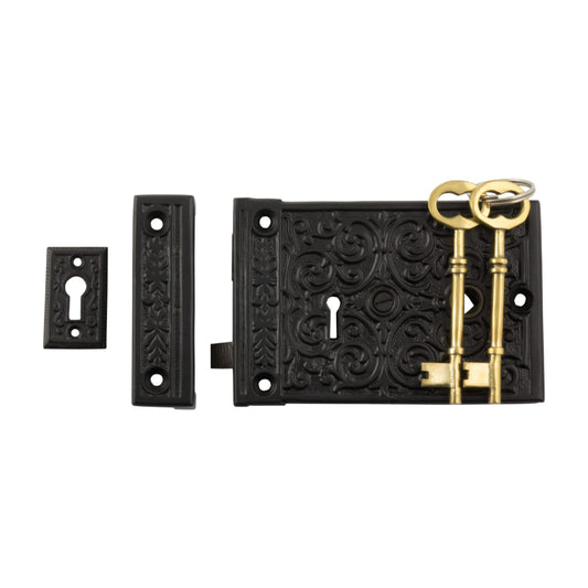 Rim Lock Ornate Matt Black H90xW130mm Backset 100mm in Matt Black