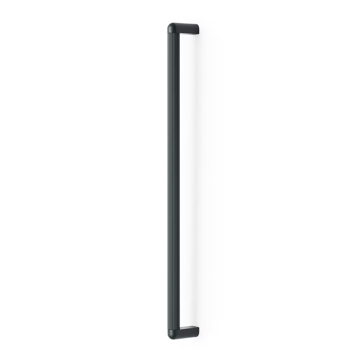 Large Momo RISS cabinet pull handle in dark grey finish, showcasing its sleek modern design on a wooden cabinet.
