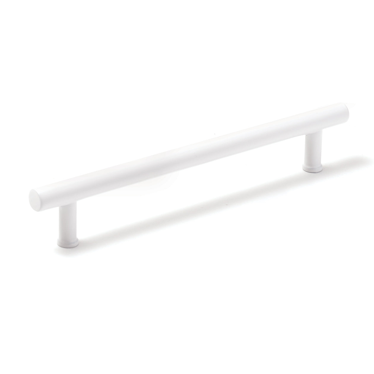Momo STRANO cabinet pull handle in white finish, mounted on a modern cabinet door, showcasing sleek and stylish hardware design.