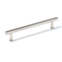 Momo STRANO cabinet pull handle in brushed nickel finish, sleek modern design for kitchen or bathroom cabinetry.