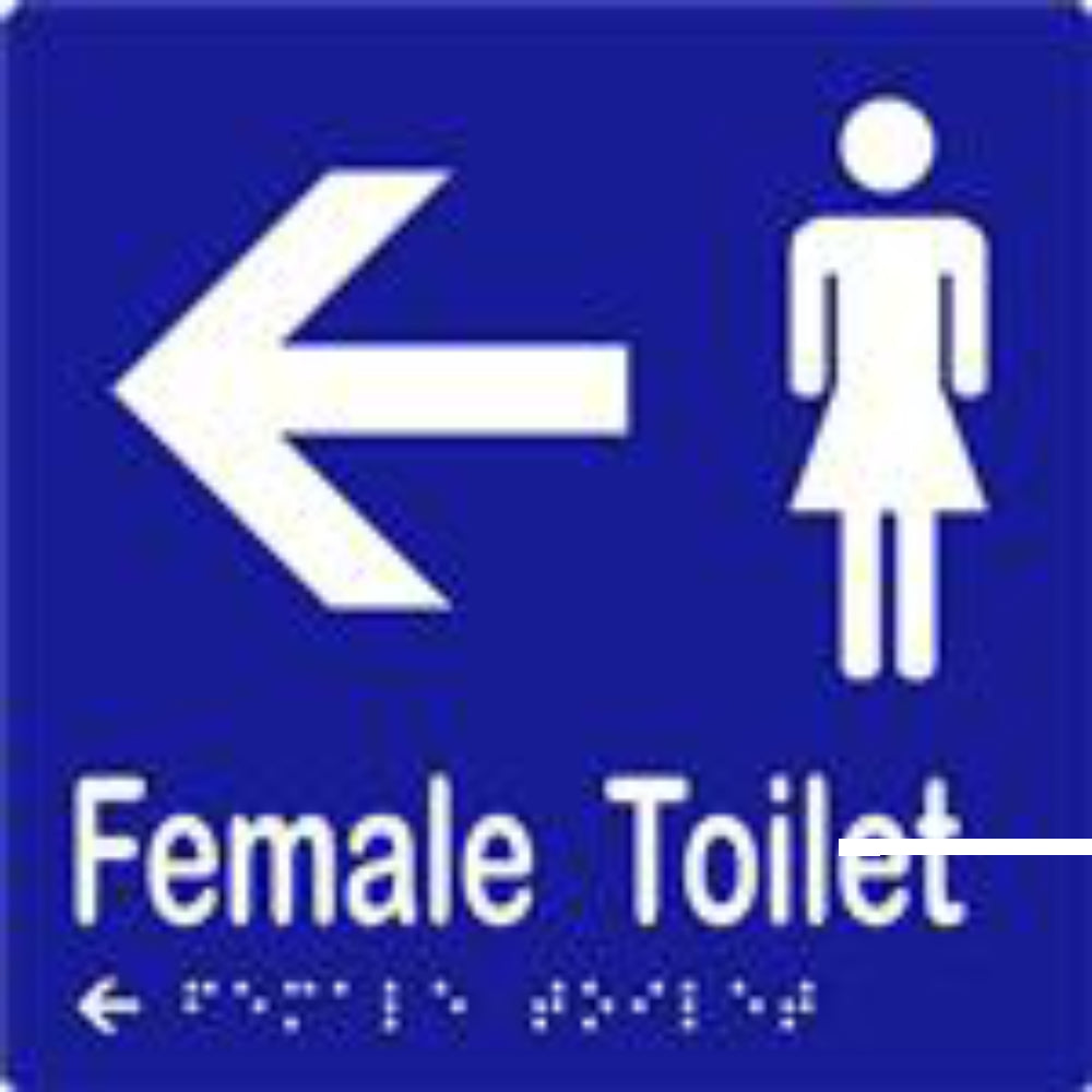 Female toilet and arrow sign with Braille, laminated vinyl, 150x150mm, from Style Finish Design Pty Ltd.