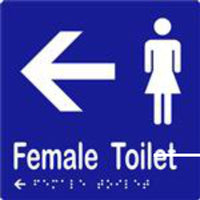 Female toilet and arrow sign with Braille, laminated vinyl, 150x150mm, from Style Finish Design Pty Ltd.