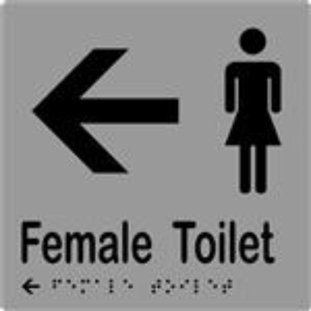 Female toilet and arrow sign with Braille, laminated vinyl, 150x150mm, for accessible wayfinding in public restrooms.