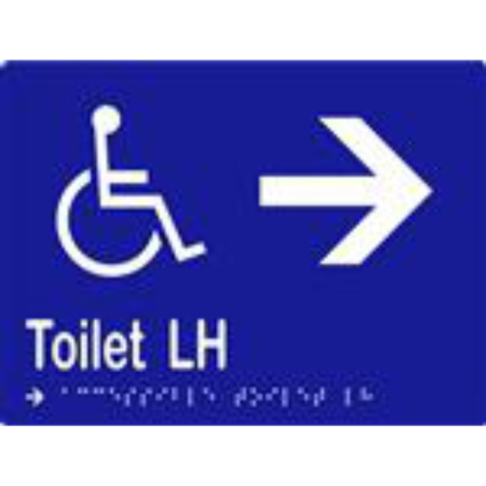 Accessible toilet sign with arrow and Braille, laminated vinyl, 200x150mm, by Style Finish Design Pty Ltd.