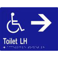 Accessible toilet sign with arrow and Braille, laminated vinyl, 200x150mm, by Style Finish Design Pty Ltd.