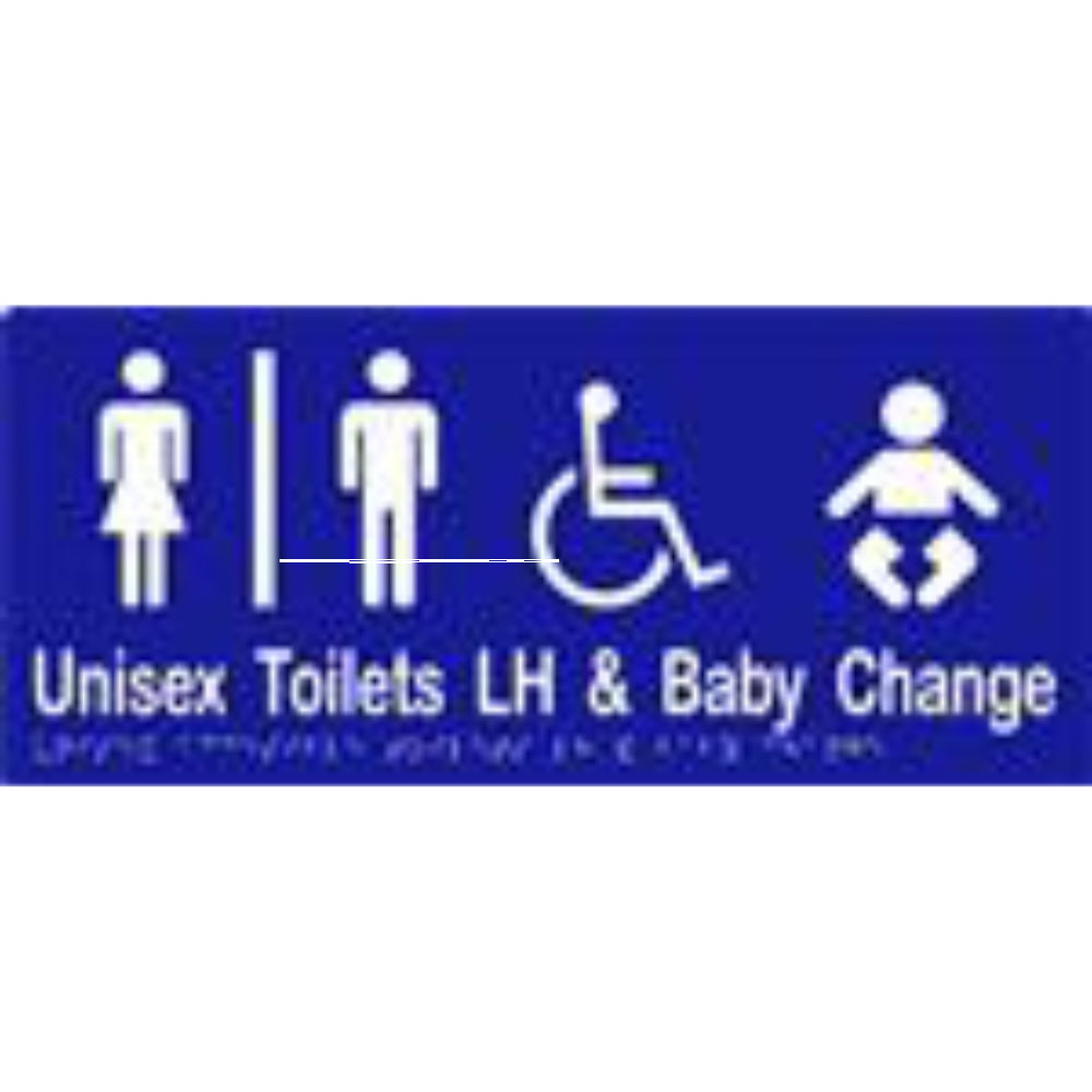 Unisex Accessible Toilets LH & Baby Change Sign with Braille, Laminated Vinyl 340x150 Blue Over White in Blue