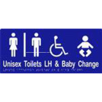 Unisex Accessible Toilets LH & Baby Change Sign with Braille, Laminated Vinyl 340x150 Blue Over White in Blue