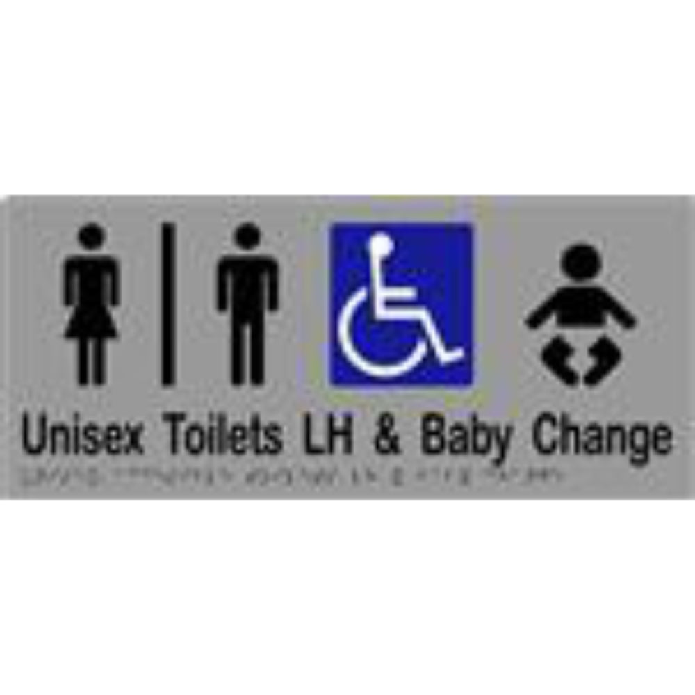 Unisex Accessible Toilets LH & Baby Change Sign with Braille, Laminated Vinyl 340x150 Silver Over Black in Silver