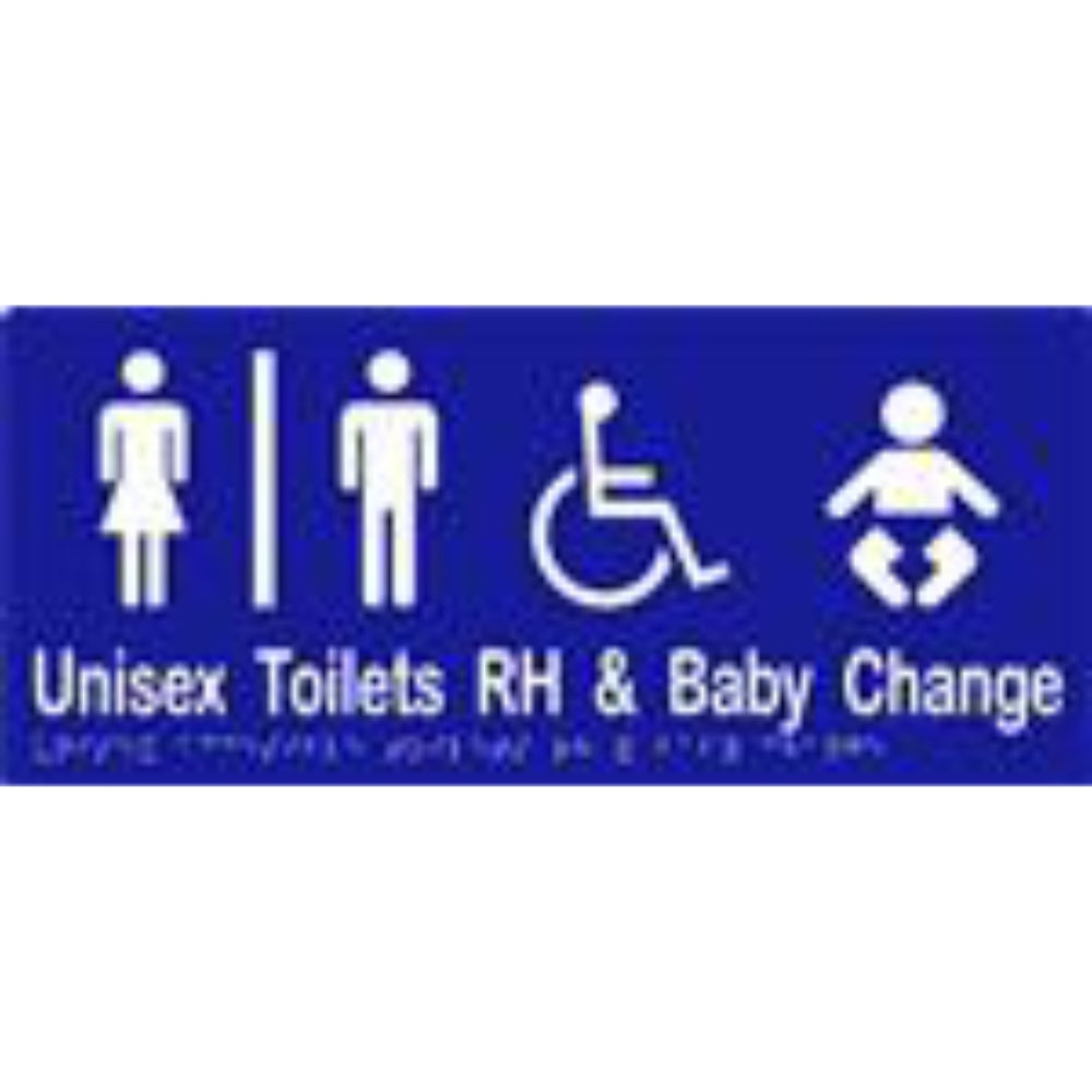 Unisex Accessible Toilets RH & Baby Change Sign with Braille, Laminated Vinyl 340x150 Blue Over White in Blue