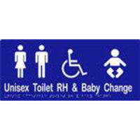 Unisex Accessible Toilet RH & Baby Change Sign with Braille, Laminated Vinyl 340x150 Blue Over White in Blue