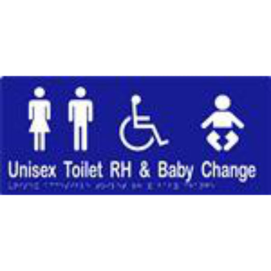 Unisex Accessible Toilet RH & Baby Change Sign with Braille, Laminated Vinyl 340x150 Blue Over White in Blue