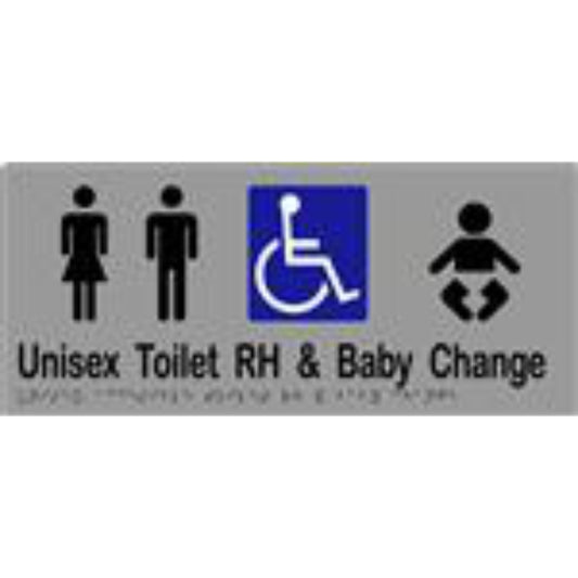 Unisex Accessible Toilet RH & Baby Change Sign with Braille, Laminated Vinyl 340x150 Silver Over Black in Silver