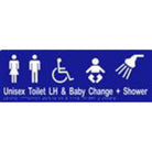 Unisex Accessible Toilet LH, Shower & Baby Change Sign with Braille, Laminated Vinyl 430x150 Blue Over White in Blue