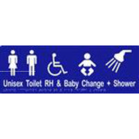 Unisex Accessible Toilet RH, Shower & Baby Change Sign with Braille, Laminated Vinyl 430x150 Blue Over White in Blue