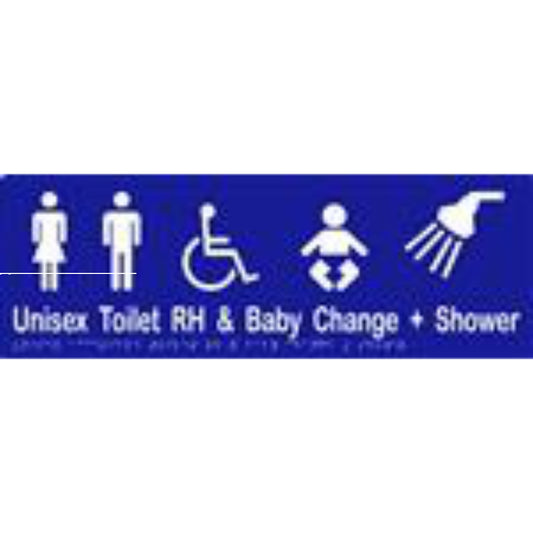Unisex Accessible Toilet RH, Shower & Baby Change Sign with Braille, Laminated Vinyl 430x150 Blue Over White in Blue