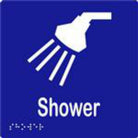 Shower Sign with Braille, Laminated Vinyl 150x150 Blue Over White in Blue