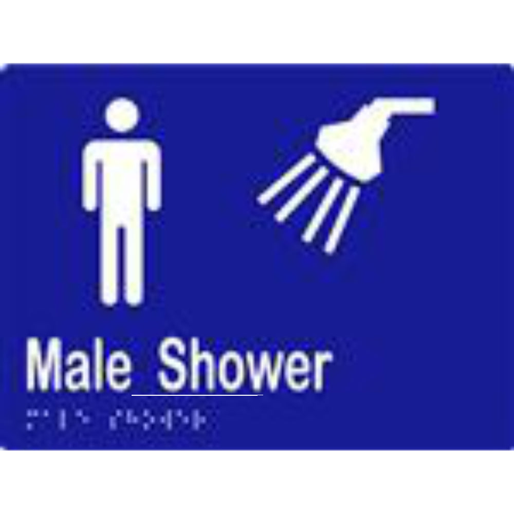 Male Shower Sign with Braille, Laminated Vinyl 200x150 Blue Over White in Blue