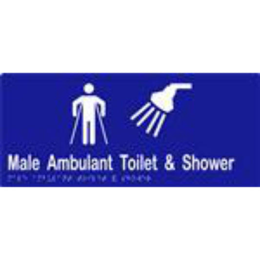 Male Ambulant Toilet & Shower Sign with Braille, Laminated Vinyl 340x150 Blue Over White in Blue
