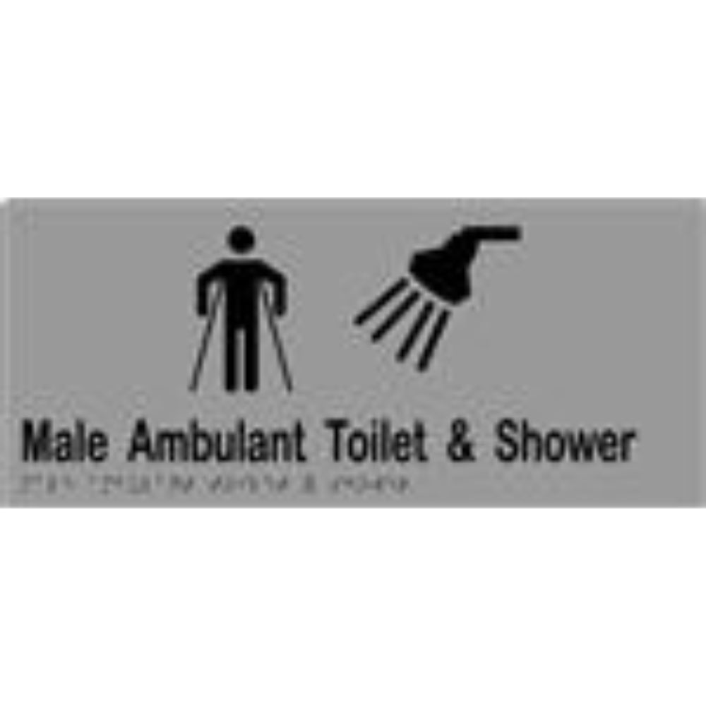 Male ambulant toilet and shower sign with braille on laminated vinyl, 340x150mm, by Style Finish Design.