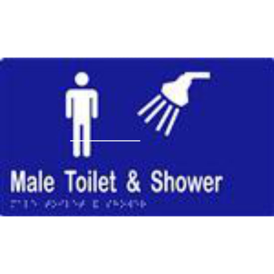 Male Toilet & Shower Sign with Braille, Laminated Vinyl 260x150 Blue Over White in Blue